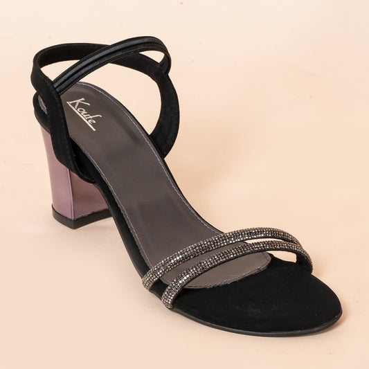 Chunky Heel Sandals | Embellished |Black