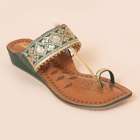 Designer Kolhapuri Flats - Green Strap