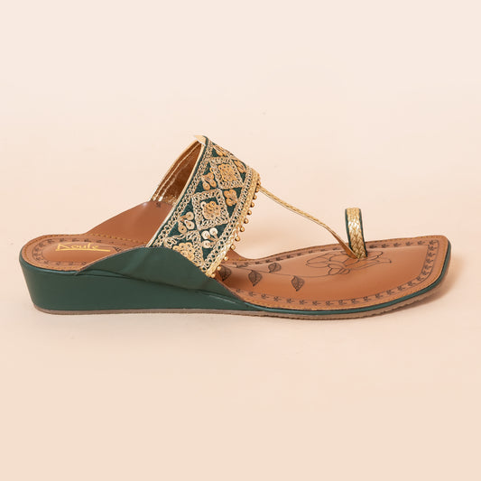 Designer Kolhapuri Flats - Green Strap